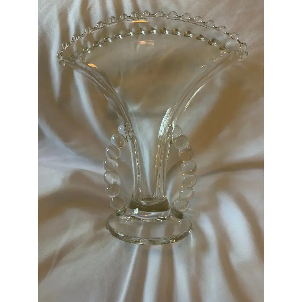 Vintage Imperial Glass Candlewick Fan Vase Beaded Rim Loop Handles Clear Glass